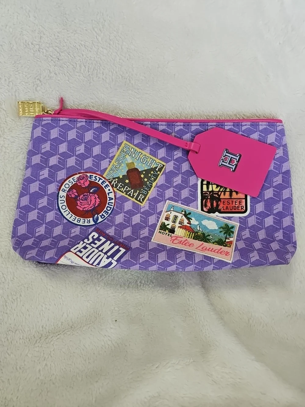 Estée Lauder Retro Travel Hotel Purple Cosmetic Bag + Luggage Tag